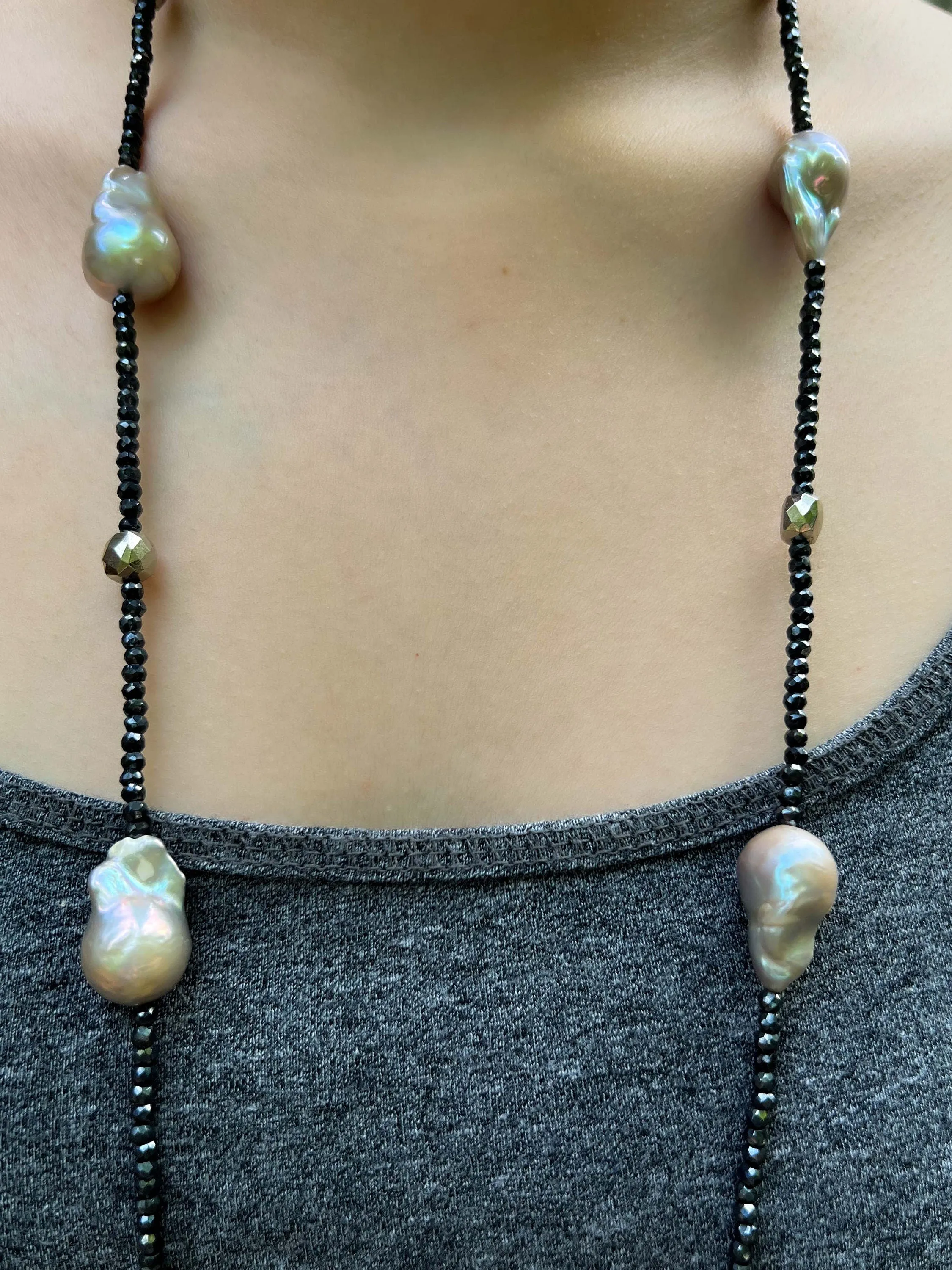 Long Baroque Pearl and Black Spinel Necklace