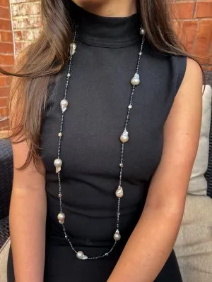 Long Baroque Pearl and Black Spinel Necklace
