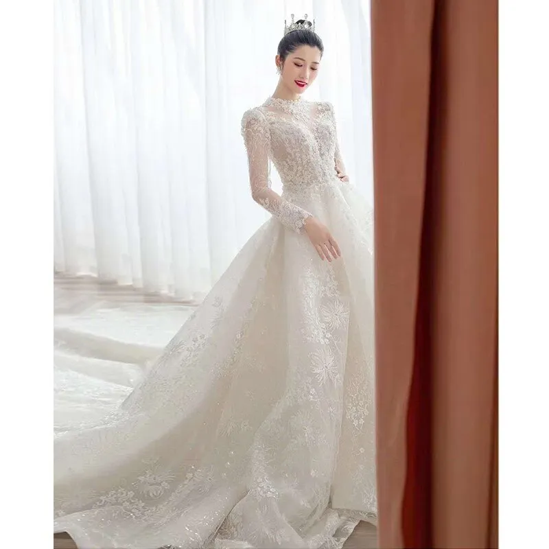 Luxurious Beaded America Ball Gown Long Sleeves Wedding Dresses