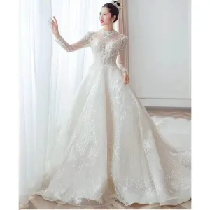 Luxurious Beaded America Ball Gown Long Sleeves Wedding Dresses