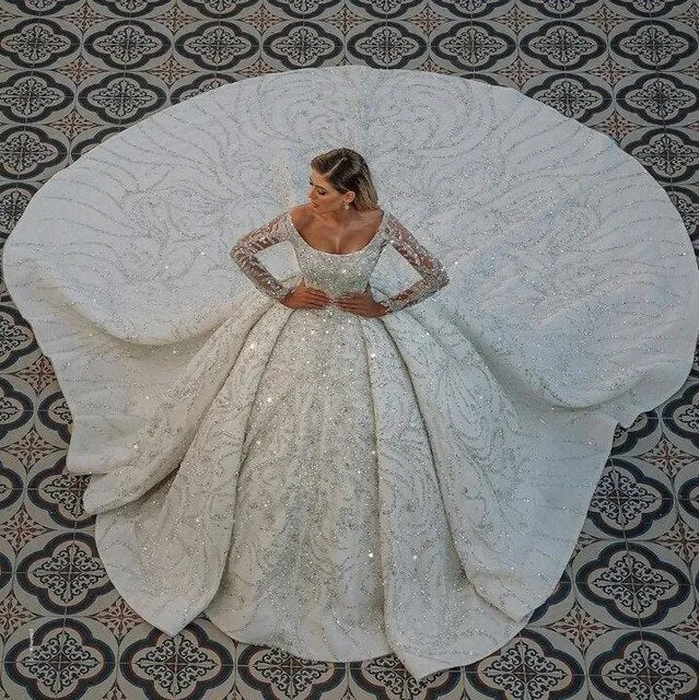 Luxurious Big Ball Wedding Dresses Crystal Beads Wedding Dresses Vestido De Noiva Mariage Bridal Gown
