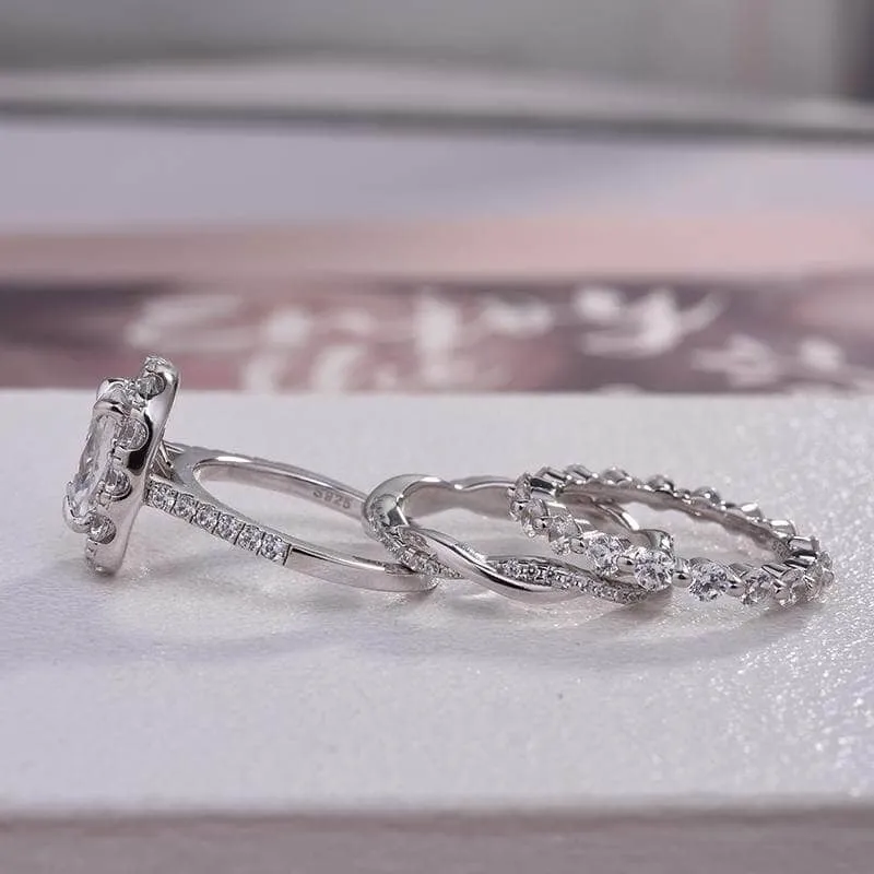 Luxurious Halo Cushion Cut 3PC Wedding Ring Set
