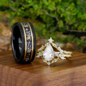 Luxurious Pear Cut Moissanite Trunk Couples Ring Set Black Meteorite Tungsten Matching Wedding Ring