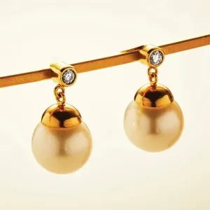 Meadow South Sea Golden Pearl and Round Diamond Earrings in 20K Peach Gold-12mm