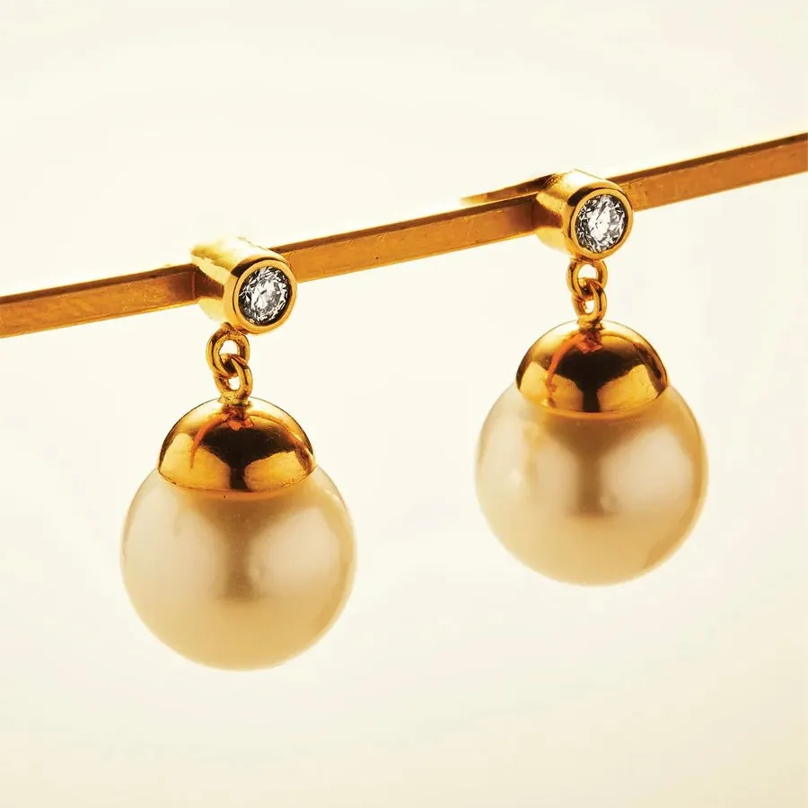 Meadow South Sea Golden Pearl and Round Diamond Earrings in 20K Peach Gold-12mm