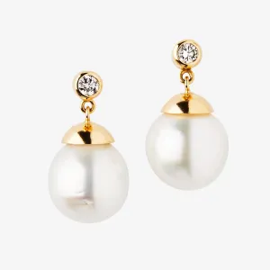 Meadow South Sea Pearl and Round Diamond Earrings in 20K Peach Gold-12mm