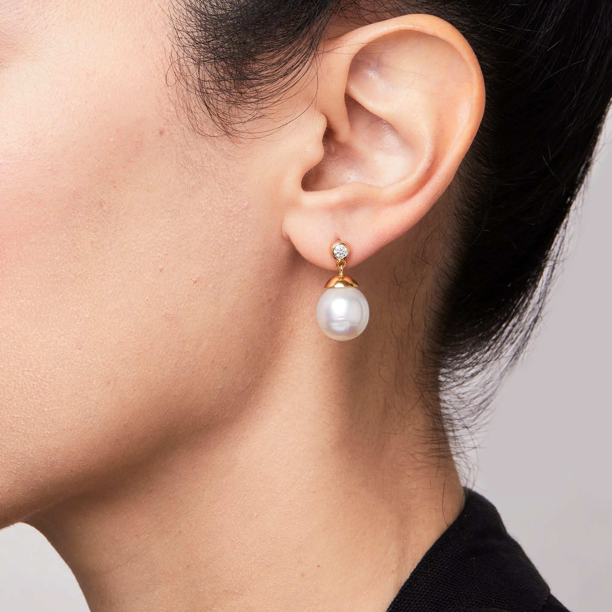 Meadow South Sea Pearl and Round Diamond Earrings in 20K Peach Gold-12mm