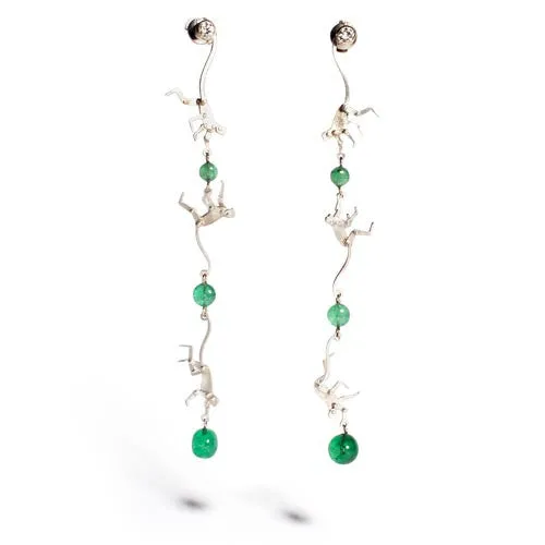 Micro Monkey Linked Earrings with Emeralds and White Diamonds