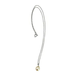 Mid Century Modern Japanese Cultured Akoya Solitaire Baroque Pearl Pendant- 14K White Gold & Sterling Silver 18.50 Inch