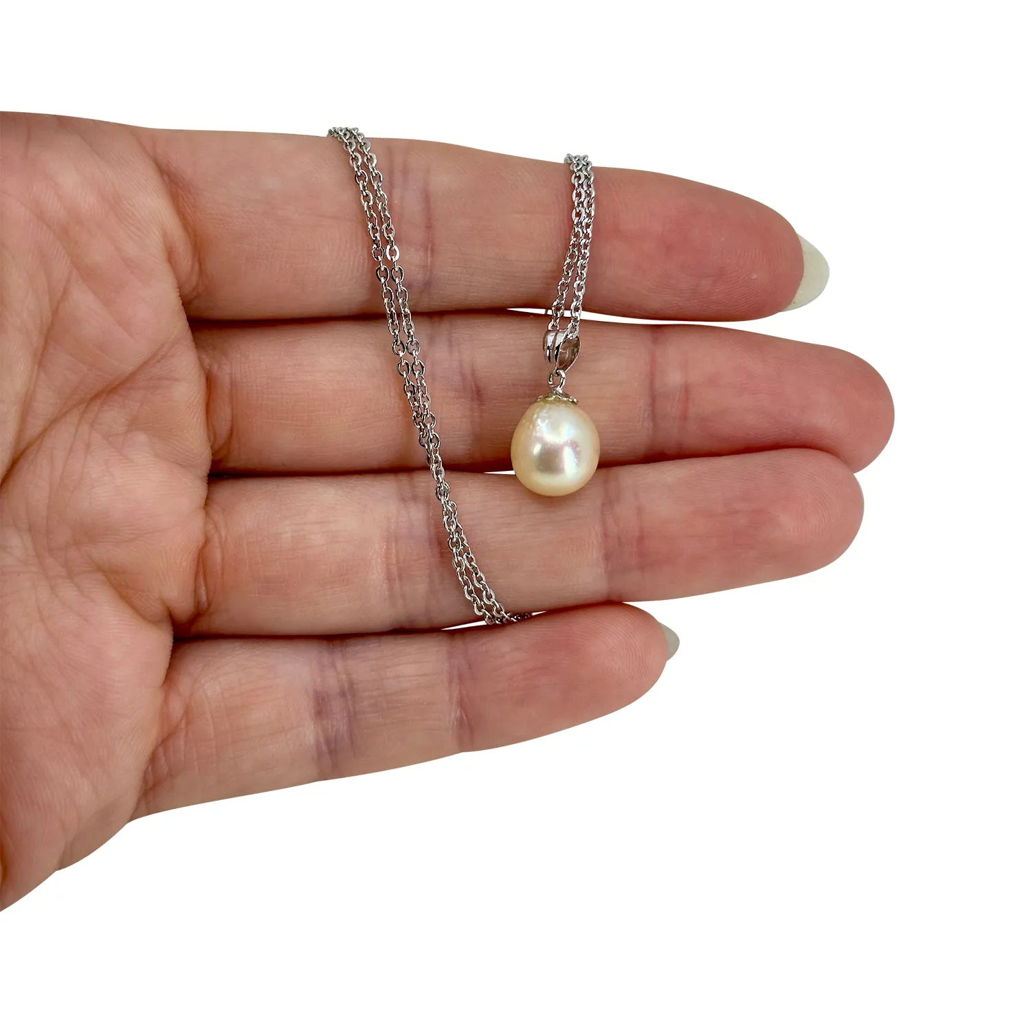 Mid Century Modern Japanese Cultured Akoya Solitaire Baroque Pearl Pendant- 14K White Gold & Sterling Silver 18.50 Inch