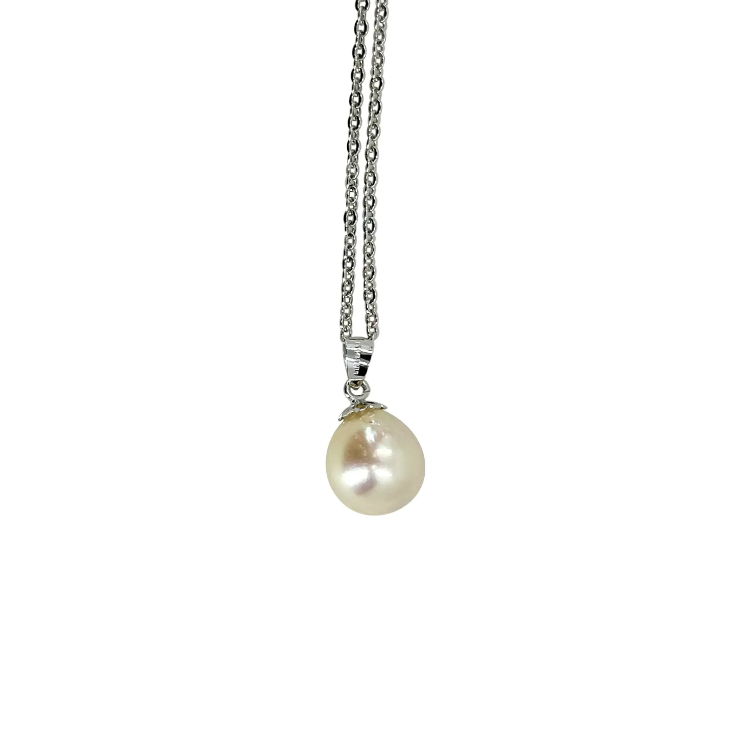 Mid Century Modern Japanese Cultured Akoya Solitaire Baroque Pearl Pendant- 14K White Gold & Sterling Silver 18.50 Inch