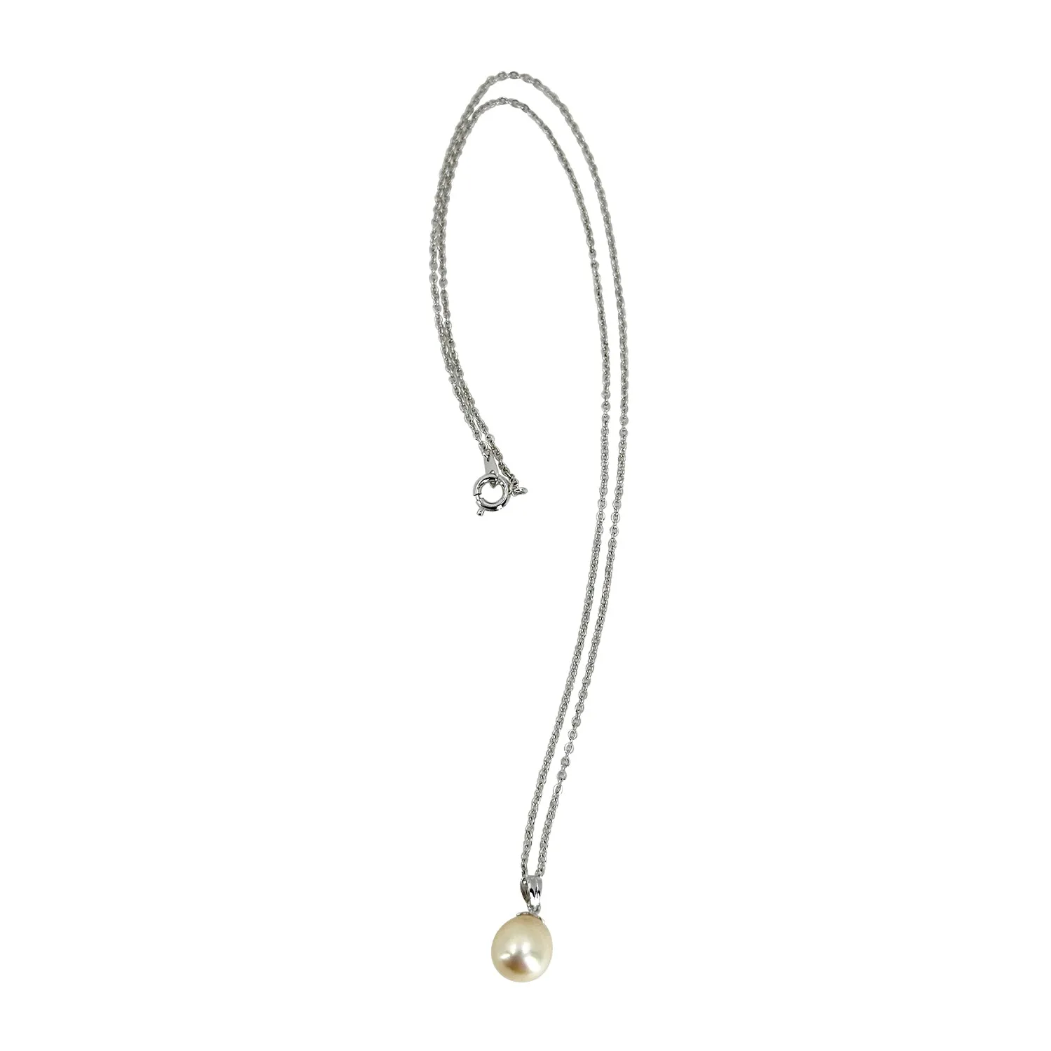 Mid Century Modern Japanese Cultured Akoya Solitaire Baroque Pearl Pendant- 14K White Gold & Sterling Silver 18.50 Inch