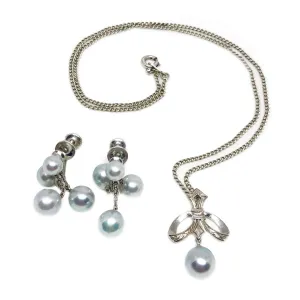 Mikimoto Blue Saltwater Akoya Deco Lavaliere Necklace Screwback Earring Set- Sterling Silver