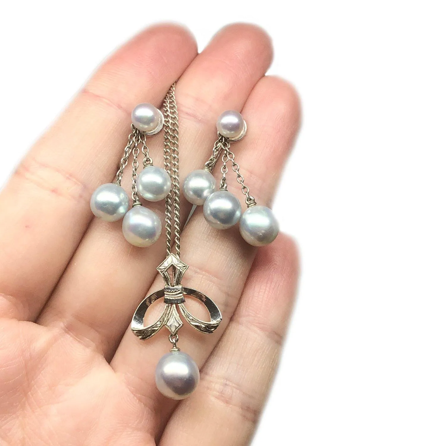 Mikimoto Blue Saltwater Akoya Deco Lavaliere Necklace Screwback Earring Set- Sterling Silver