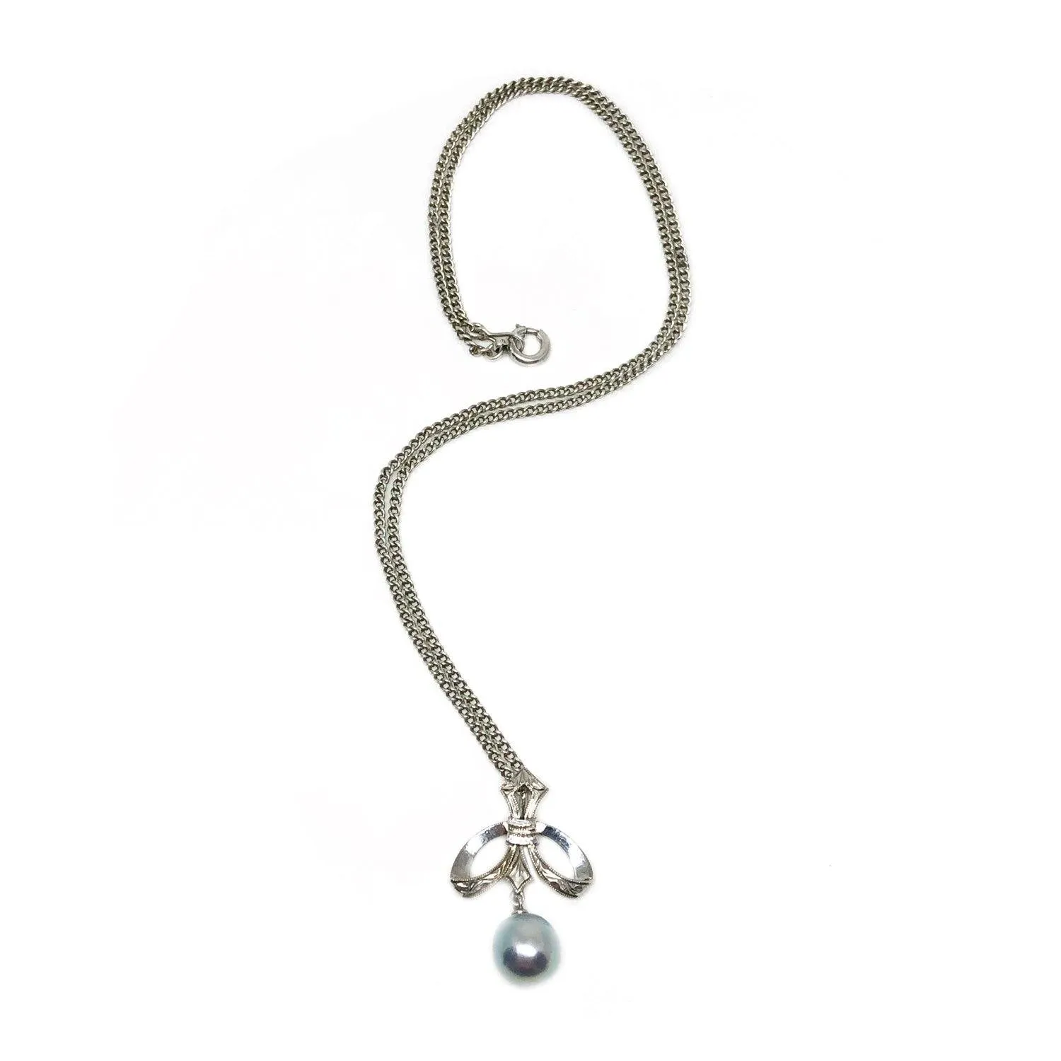Mikimoto Blue Saltwater Akoya Deco Lavaliere Necklace Screwback Earring Set- Sterling Silver