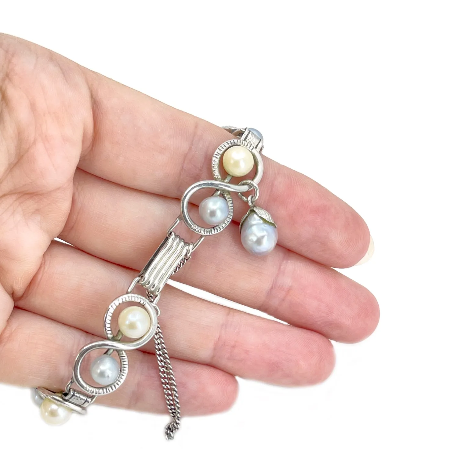 Ming's of Honolulu Vintage Japanese Blue & White Saltwater Akoya Cultured Pearl Bracelet- Sterling Silver