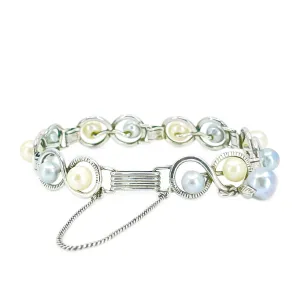 Ming's of Honolulu Vintage Japanese Blue & White Saltwater Akoya Cultured Pearl Bracelet- Sterling Silver