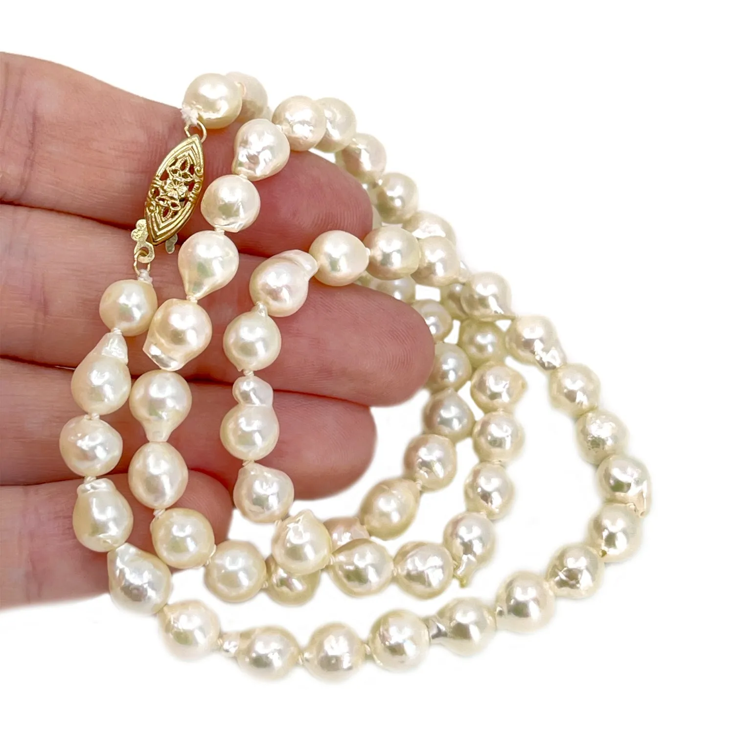 Modernist Baroque Japanese Cultured Akoya Pearl Vintage Necklace - 14K Yellow Gold 19.50 Inch