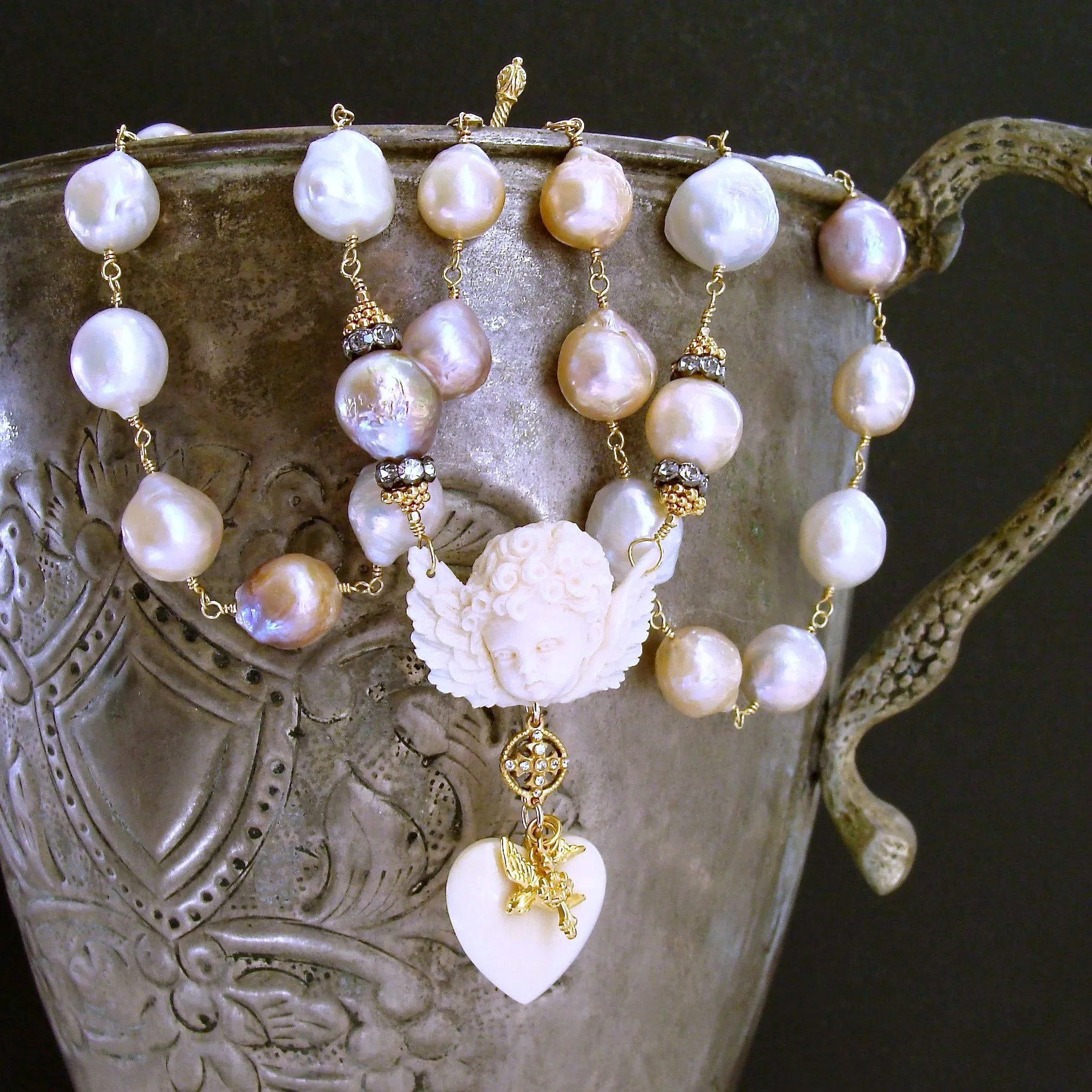 Multi Color Baroque Pearls EcoIvory Cherub Necklace - Mon Ange Chéri Necklace