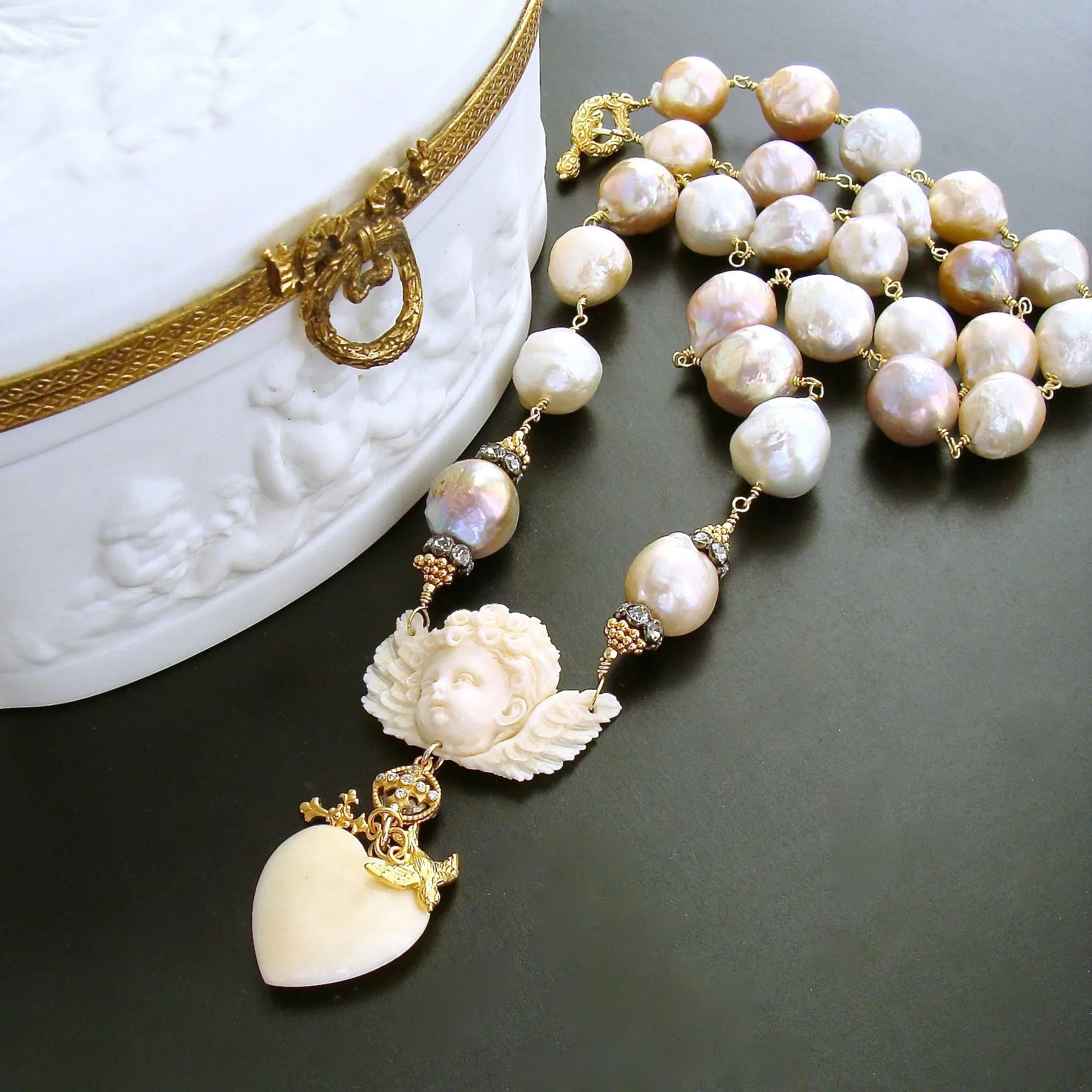 Multi Color Baroque Pearls EcoIvory Cherub Necklace - Mon Ange Chéri Necklace