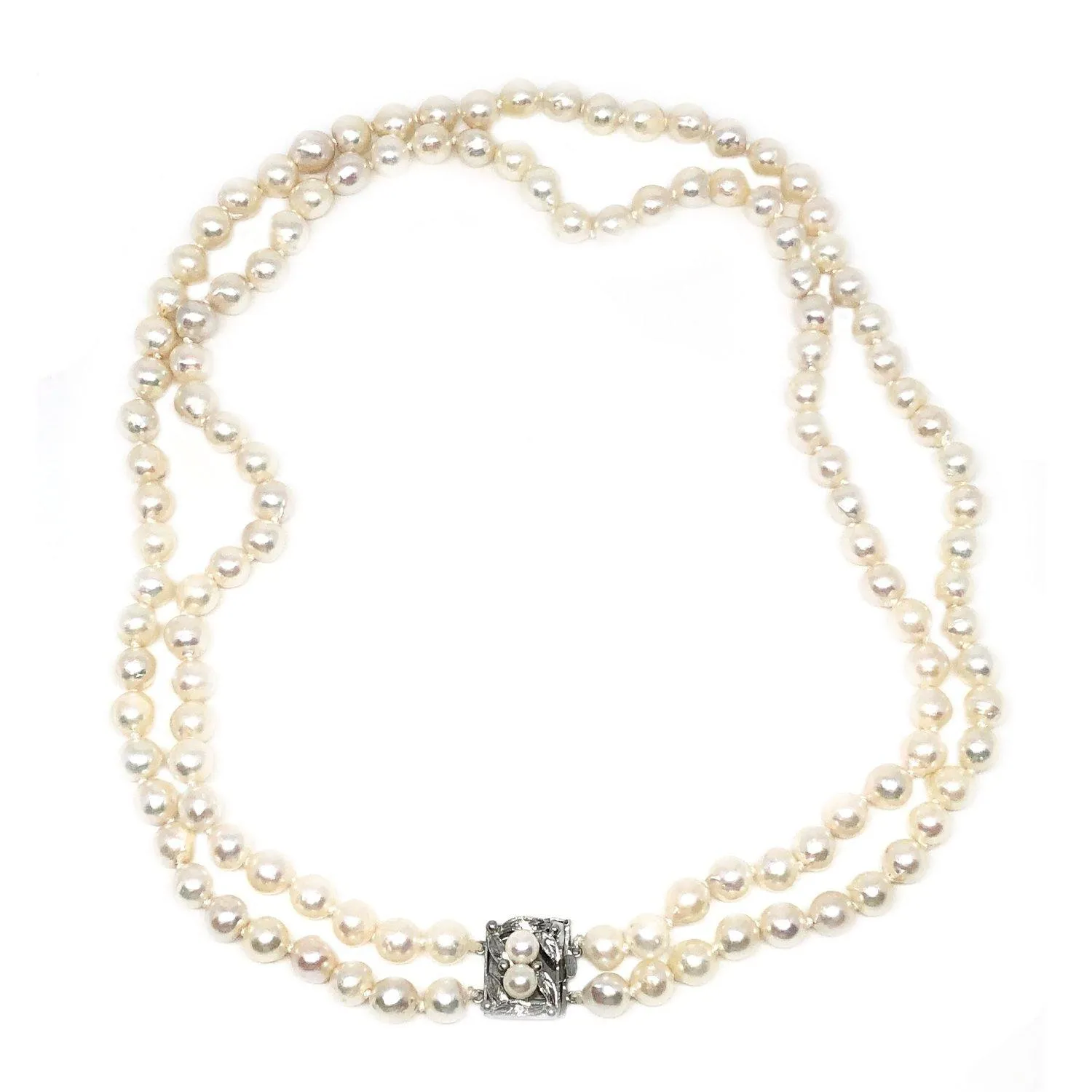Nouveau Japanese Saltwater Akoya Cultured Pearl Double Strand Necklace-Sterling Silver 22-23.50 Inch
