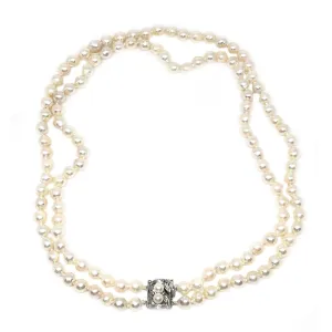 Nouveau Japanese Saltwater Akoya Cultured Pearl Double Strand Necklace-Sterling Silver 22-23.50 Inch