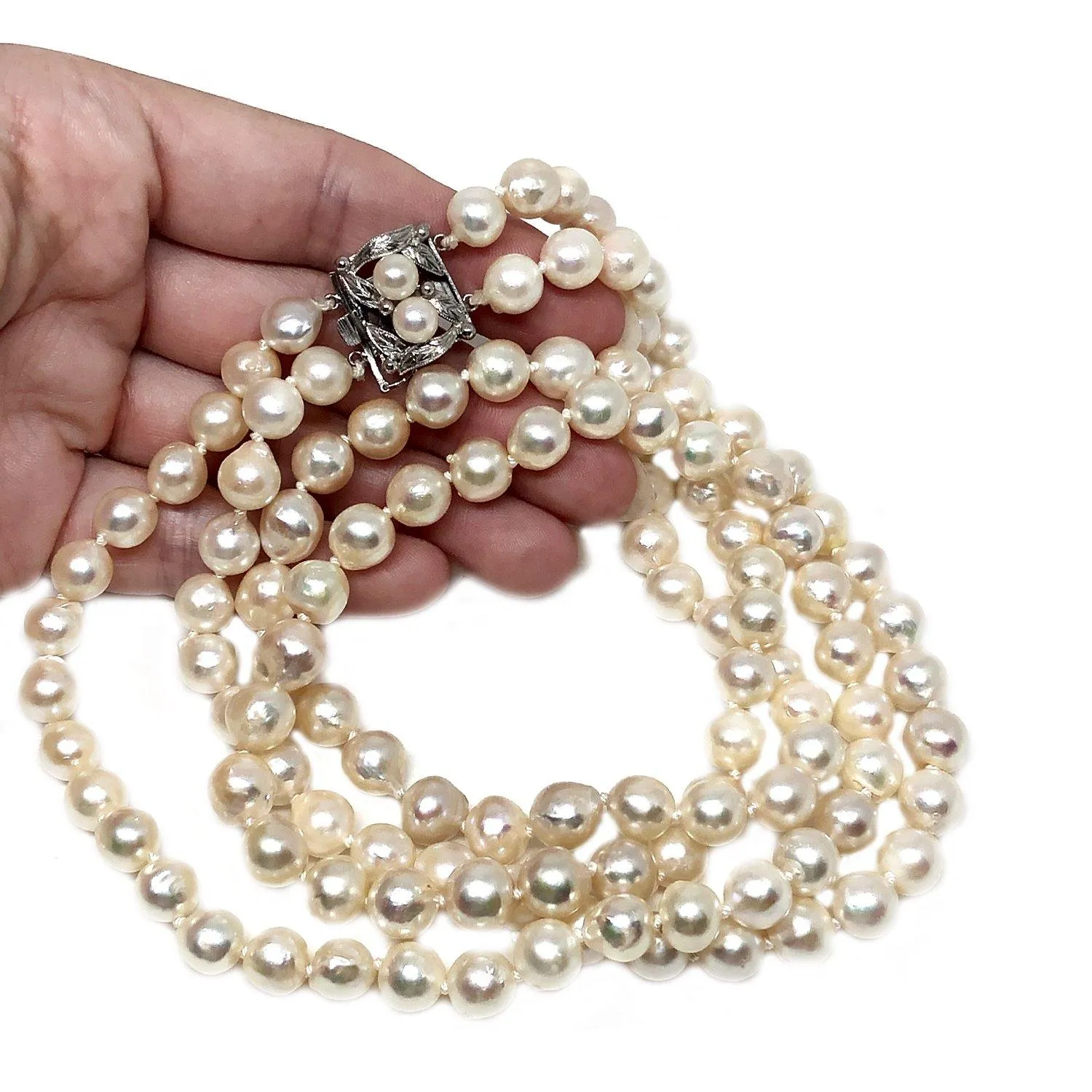 Nouveau Japanese Saltwater Akoya Cultured Pearl Double Strand Necklace-Sterling Silver 22-23.50 Inch