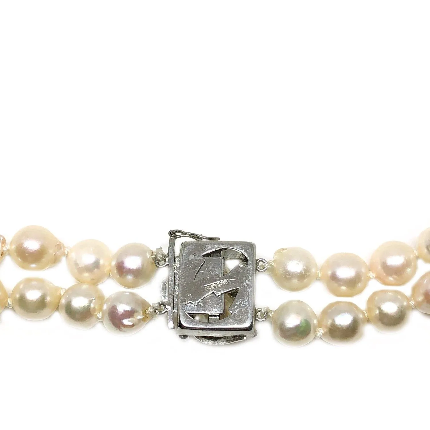 Nouveau Japanese Saltwater Akoya Cultured Pearl Double Strand Necklace-Sterling Silver 22-23.50 Inch