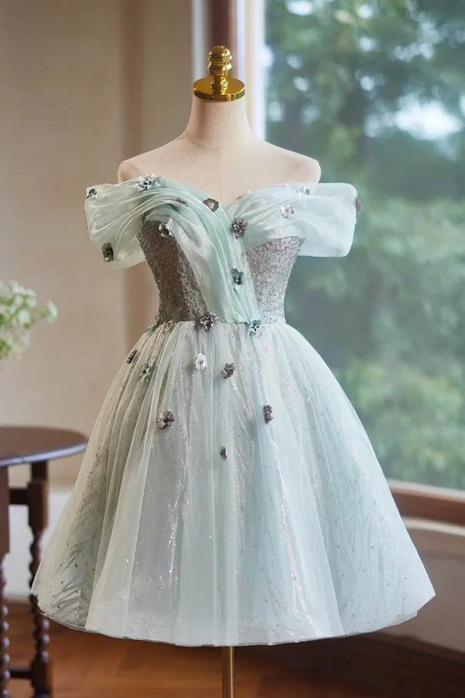 Off the Shoulder A-Line Tulle with Hand Made Flower Homecoming Dress