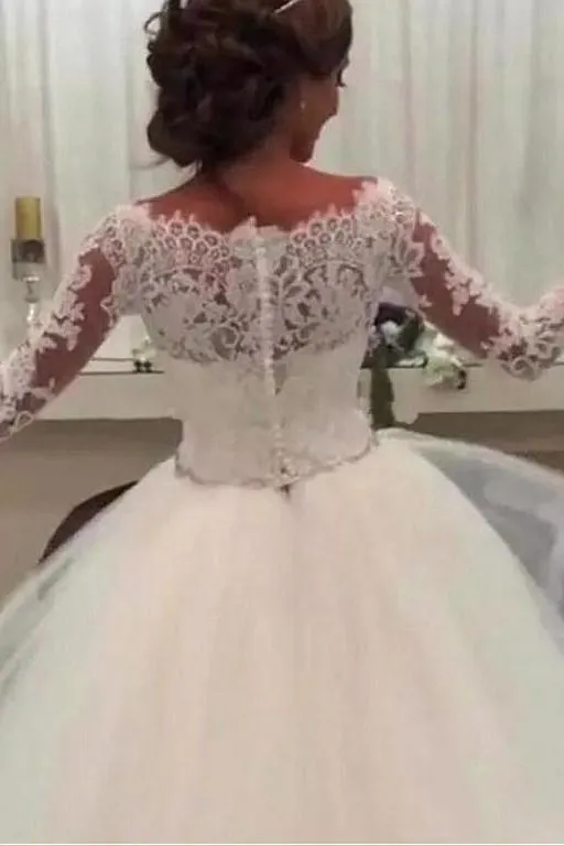 Off-the-shoulder Lace 3/4 Sleeves Wedding Gown with Rhinestones Belt Sash