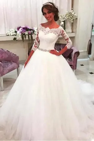 Off-the-shoulder Lace 3/4 Sleeves Wedding Gown with Rhinestones Belt Sash