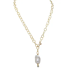 ONE - gold filled lariat necklace with Massive Baroque Pearl