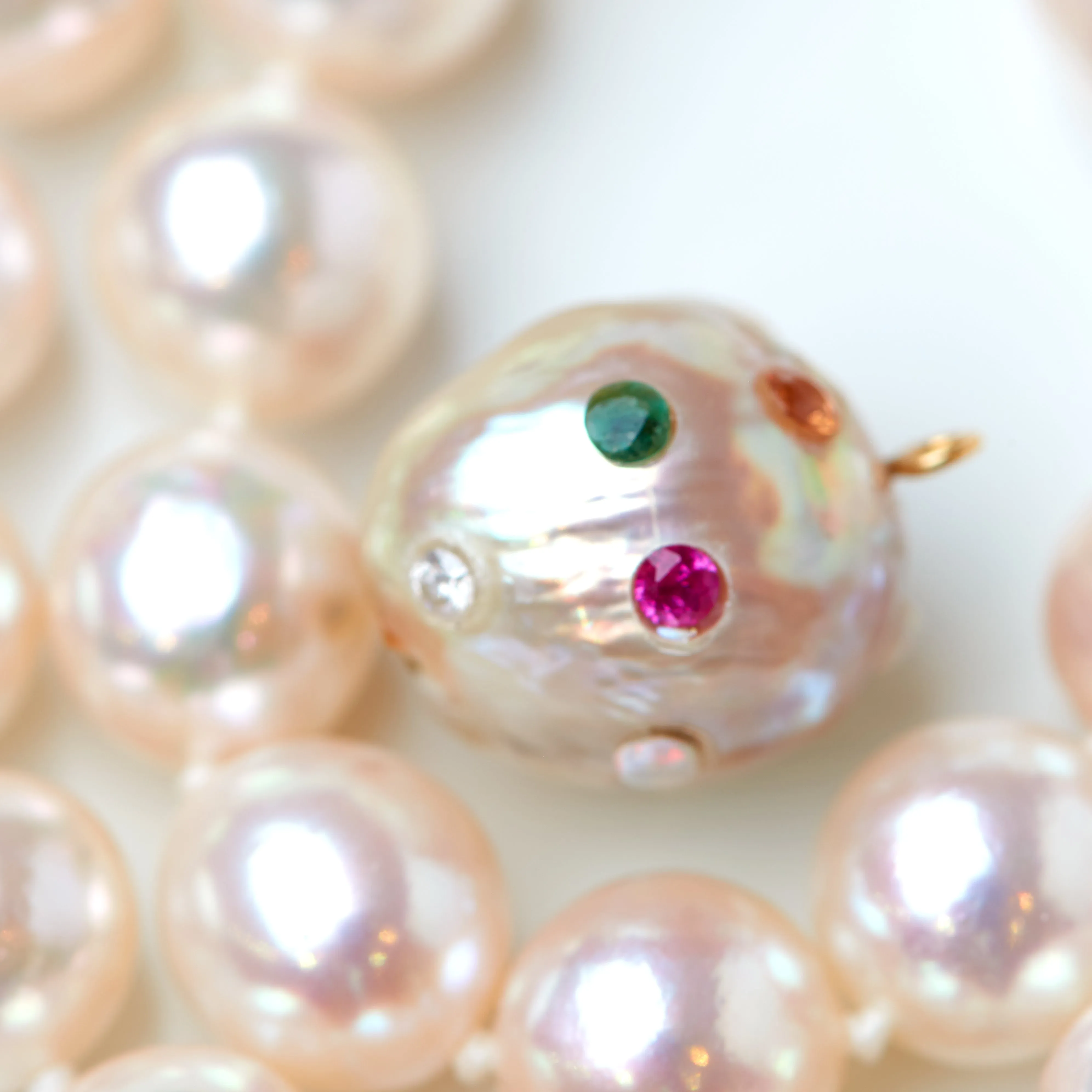 Peach Kasumi Pearl and Sapphire, Ruby, Emerald, and Opal Gemstone Clasp