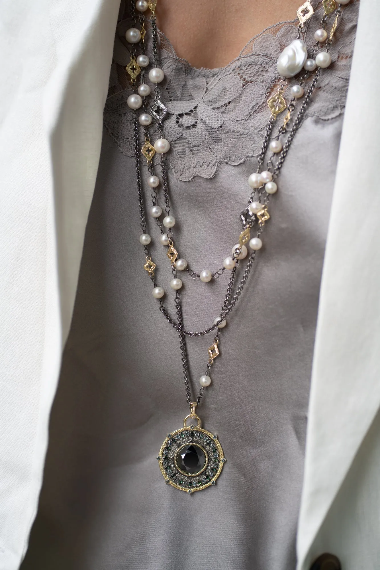 Pearl and Scroll Stations On Cable Chain Necklace