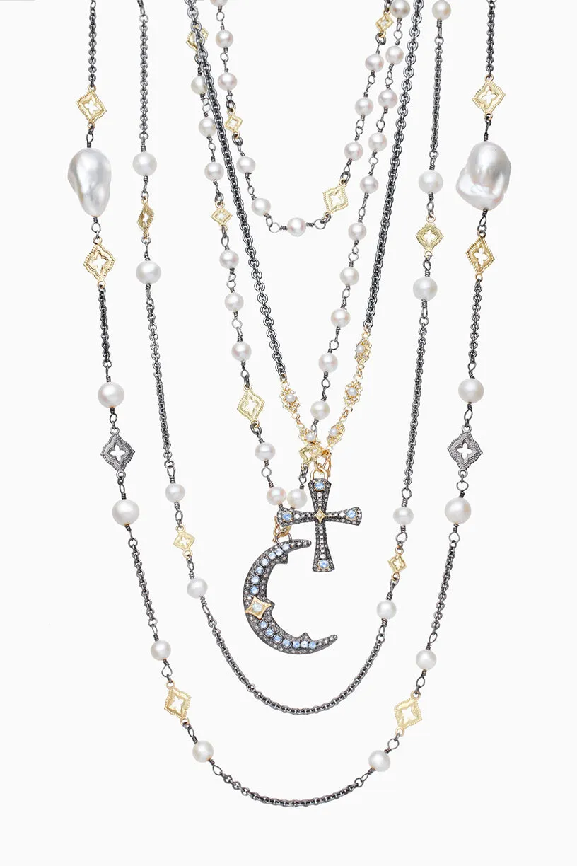 Pearl and Scroll Stations On Cable Chain Necklace