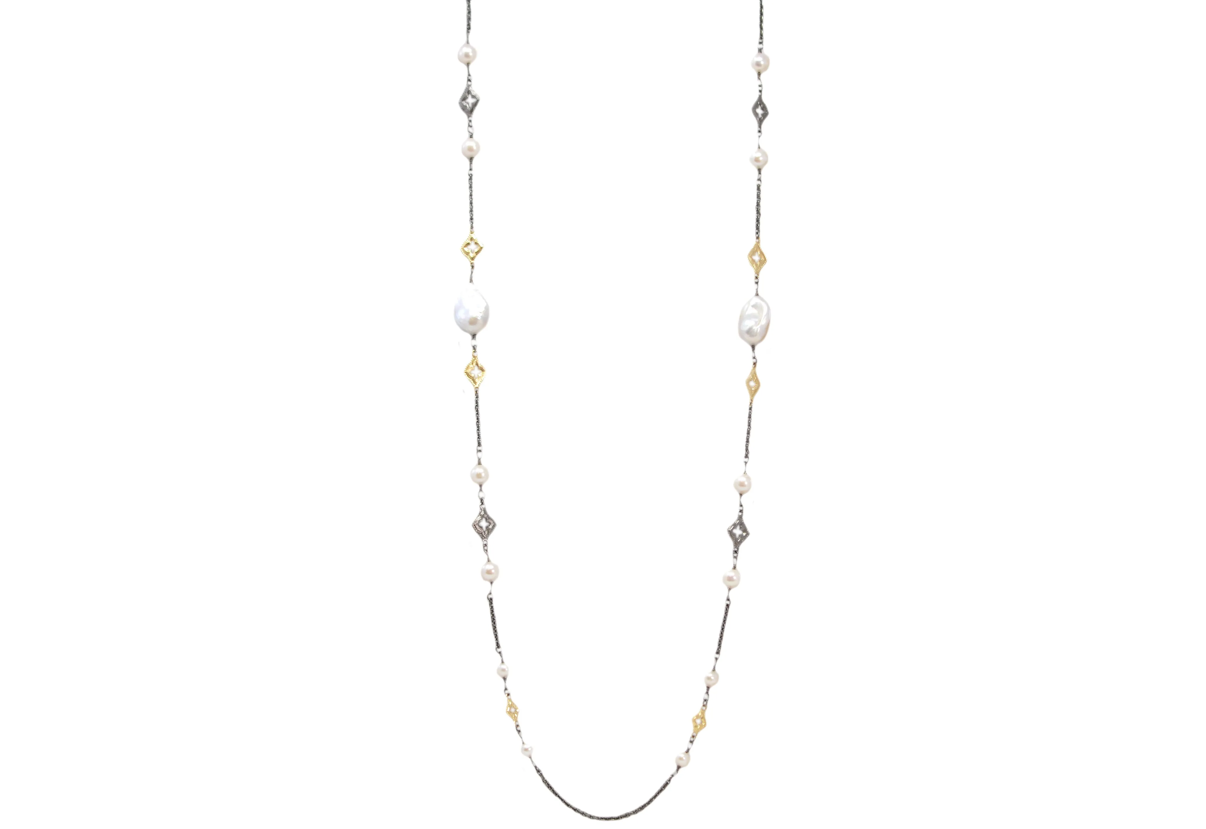 Pearl and Scroll Stations On Cable Chain Necklace