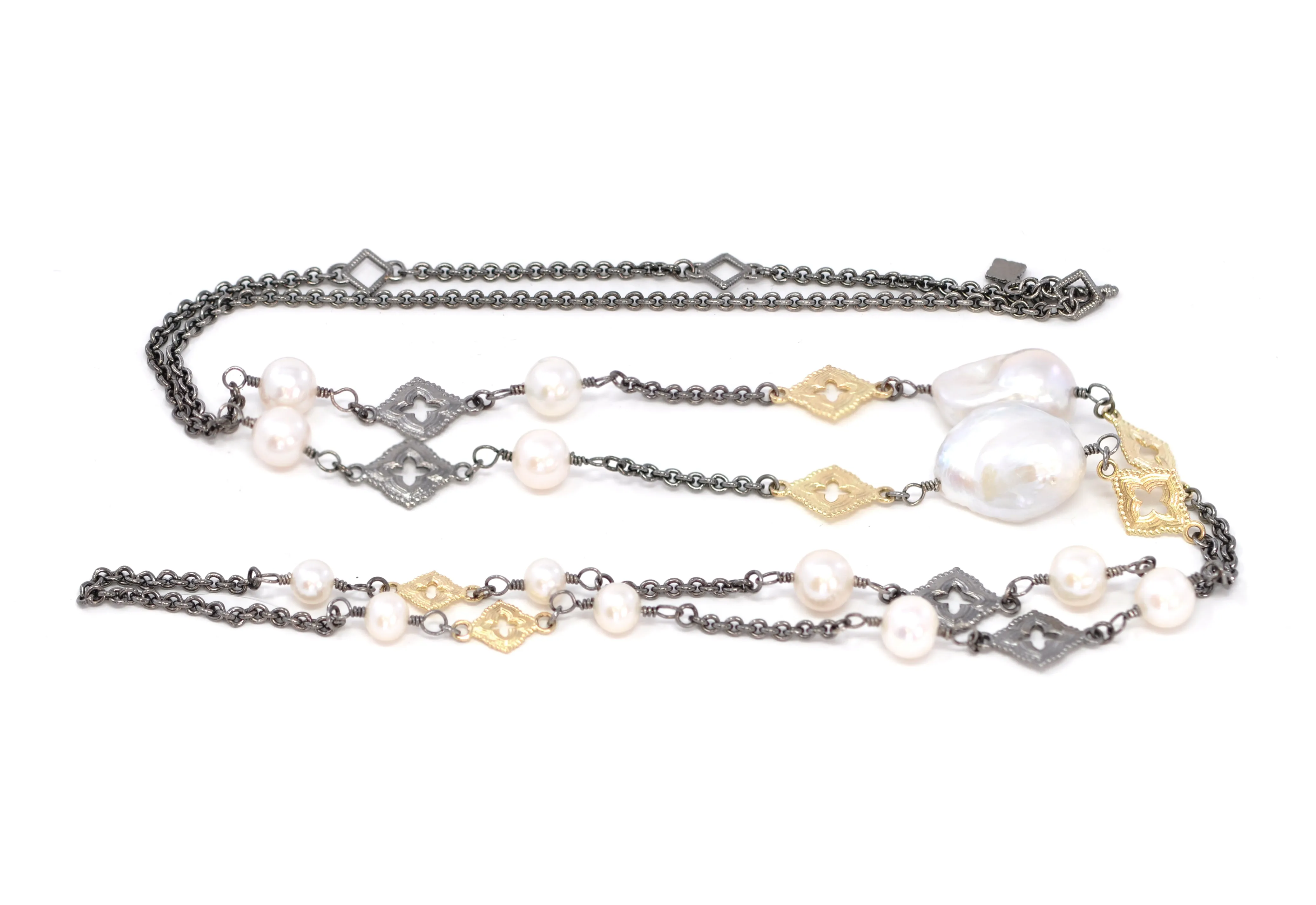Pearl and Scroll Stations On Cable Chain Necklace