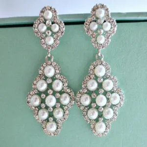Pearl Drop Vintage Silver Wedding Earrings. Rhinestone Pearl Chandelier Earrings. Diamond Shaped Pearl Dangle Earrings. Bridesmaid Earrings.