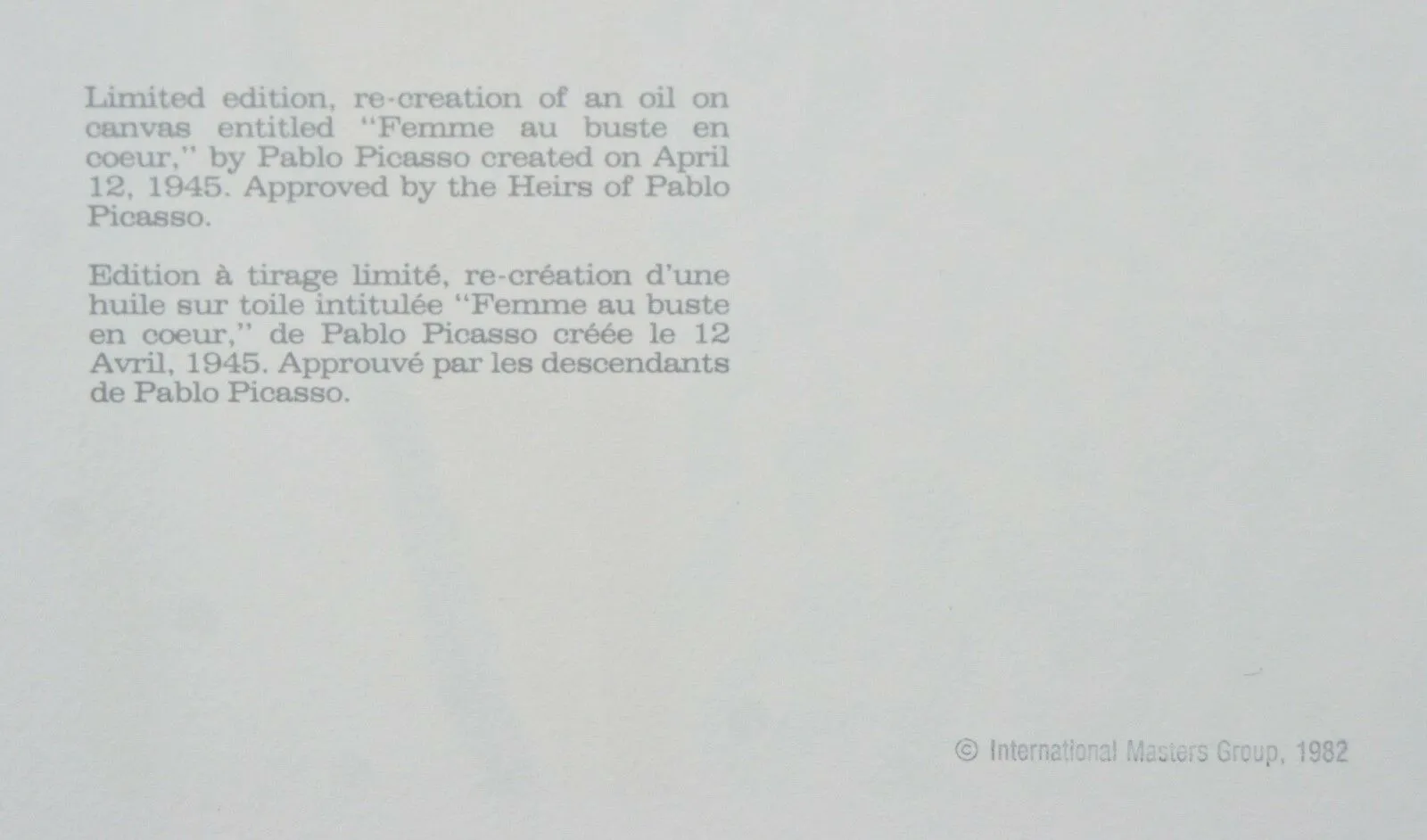 "Femme au Buste en Coeur" from Marina Picasso Estate Ltd Edition of 500 Litho