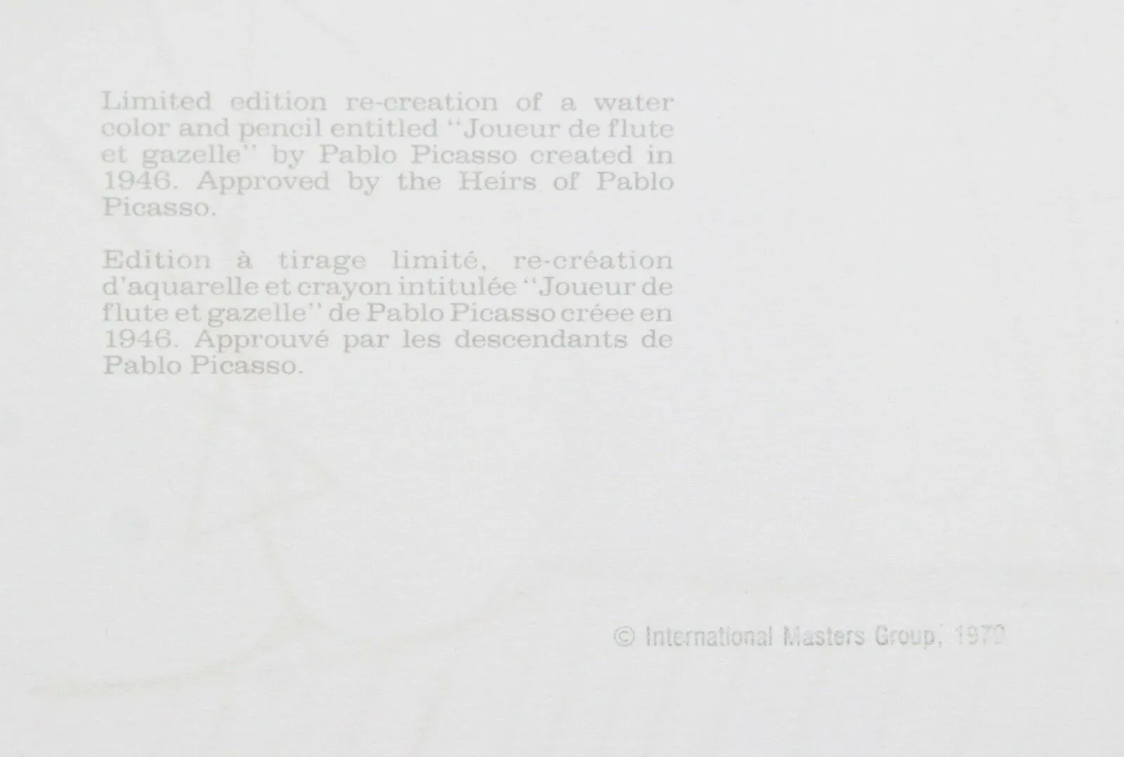 "Joueur de Flute et Gazelle" from Marina Picasso Estate Ltd Edition of 500 Litho