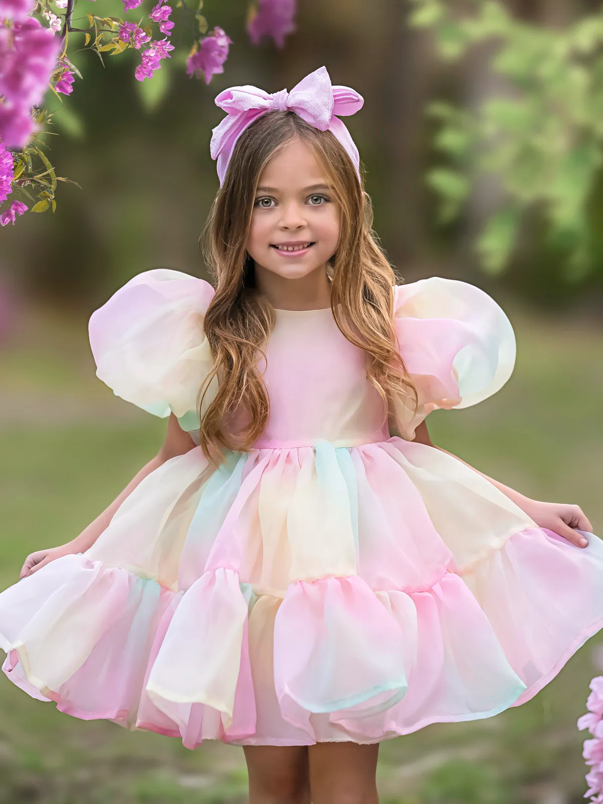 Rainbow Kissed Pastel Puff Sleeve Tulle Dress
