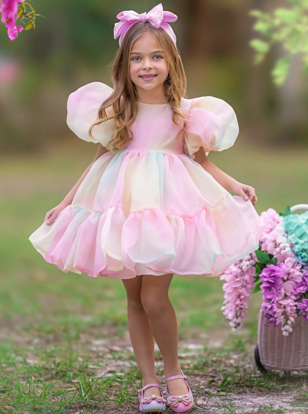 Rainbow Kissed Pastel Puff Sleeve Tulle Dress