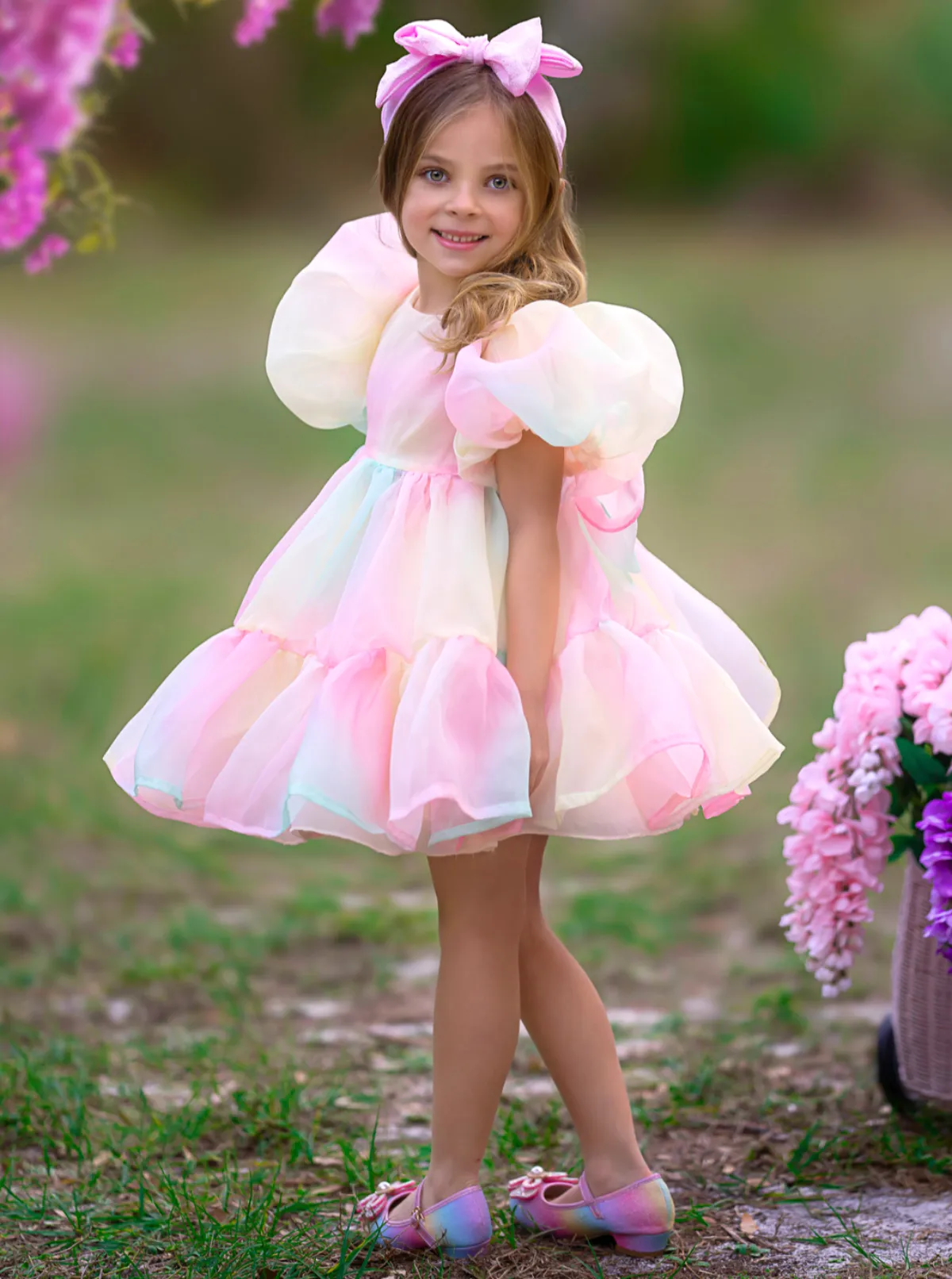 Rainbow Kissed Pastel Puff Sleeve Tulle Dress