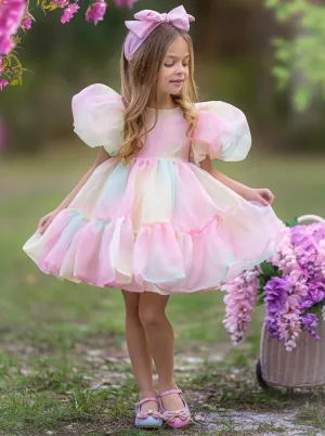 Rainbow Kissed Pastel Puff Sleeve Tulle Dress