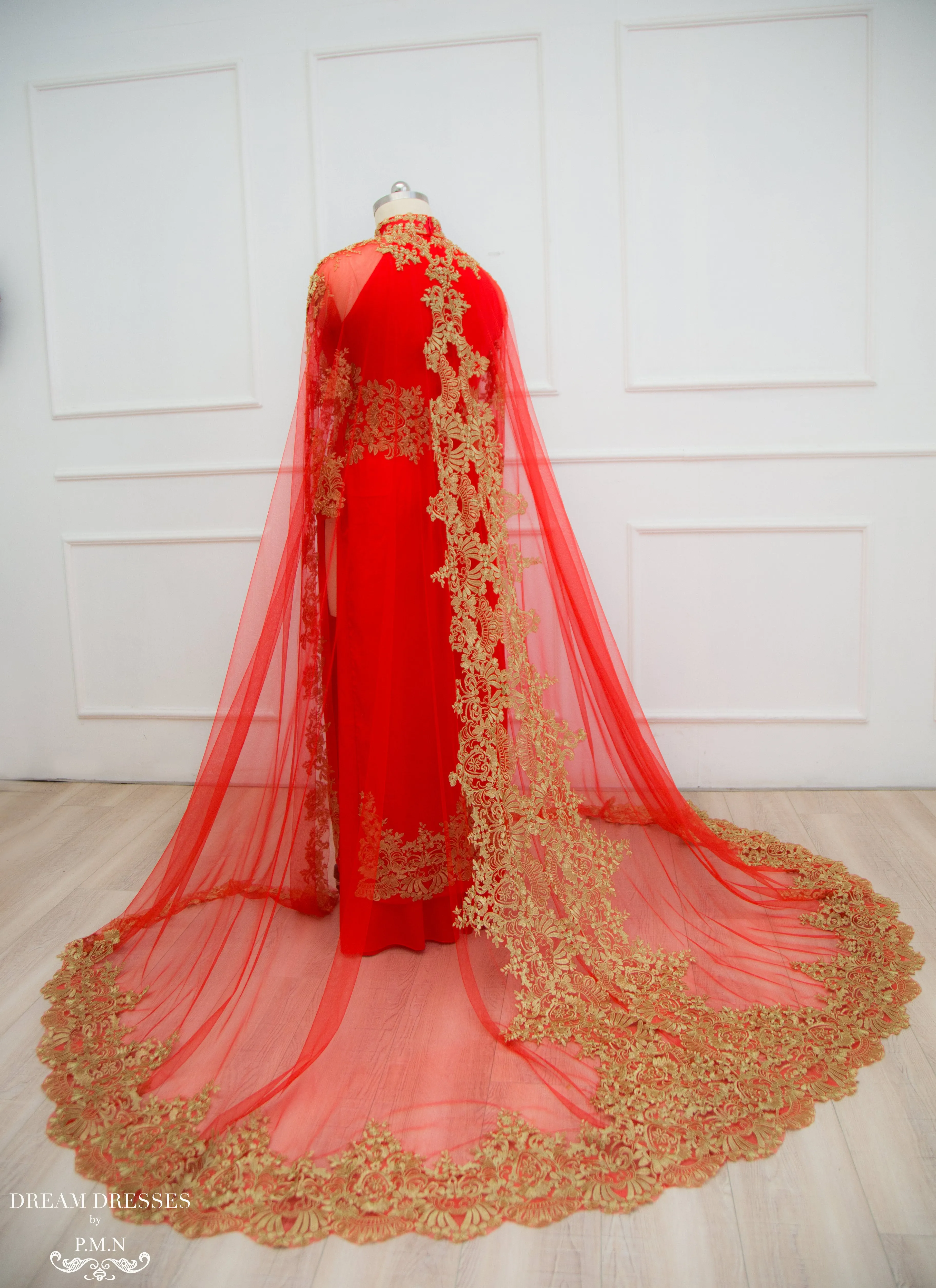 Red Ao Dai Cape | Vietnamese Lace Bridal Ao Dai Cape (#TEMA)