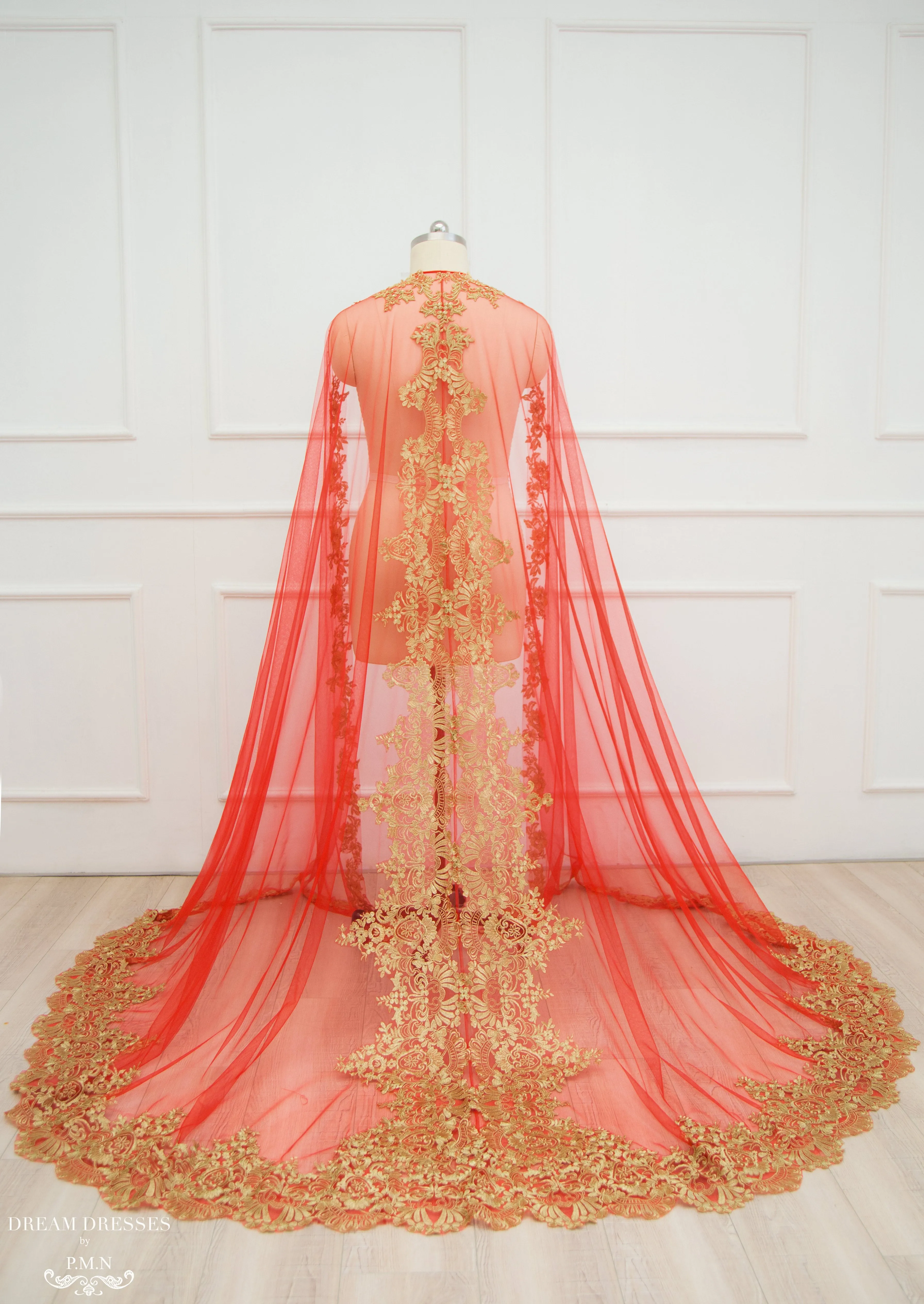 Red Ao Dai Cape | Vietnamese Lace Bridal Ao Dai Cape (#TEMA)