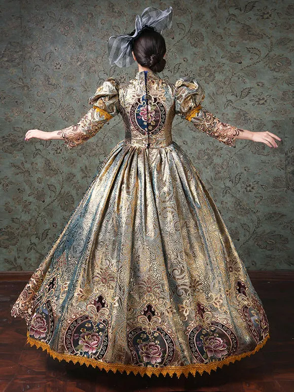 Rococo Victorian Dress Chinese Style Floral Print Lace 3/4-Length Sleeve Champagne Classical Lolita Dress