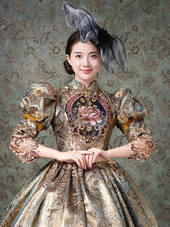 Rococo Victorian Dress Chinese Style Floral Print Lace 3/4-Length Sleeve Champagne Classical Lolita Dress