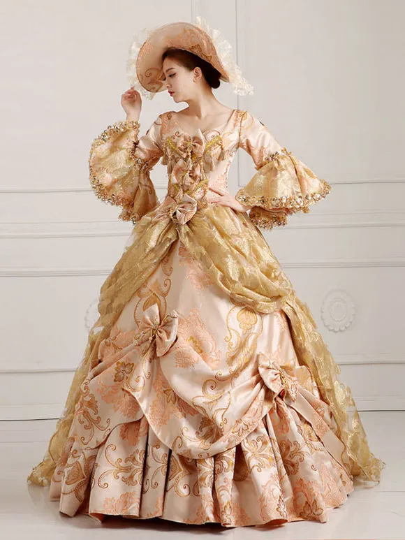 Rococo Victorian Dress Floral Print Lace 3/4-Length Sleeve Deep Apricot Classical Lolita Dress