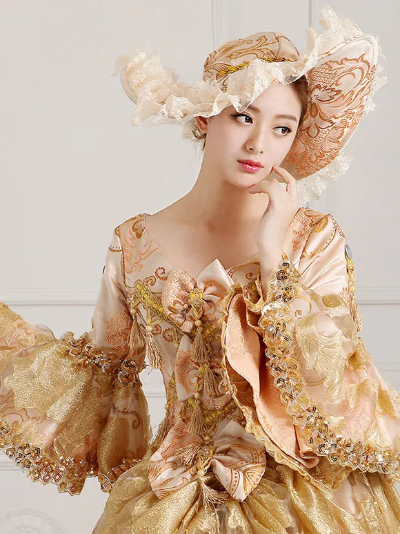 Rococo Victorian Dress Floral Print Lace 3/4-Length Sleeve Deep Apricot Classical Lolita Dress